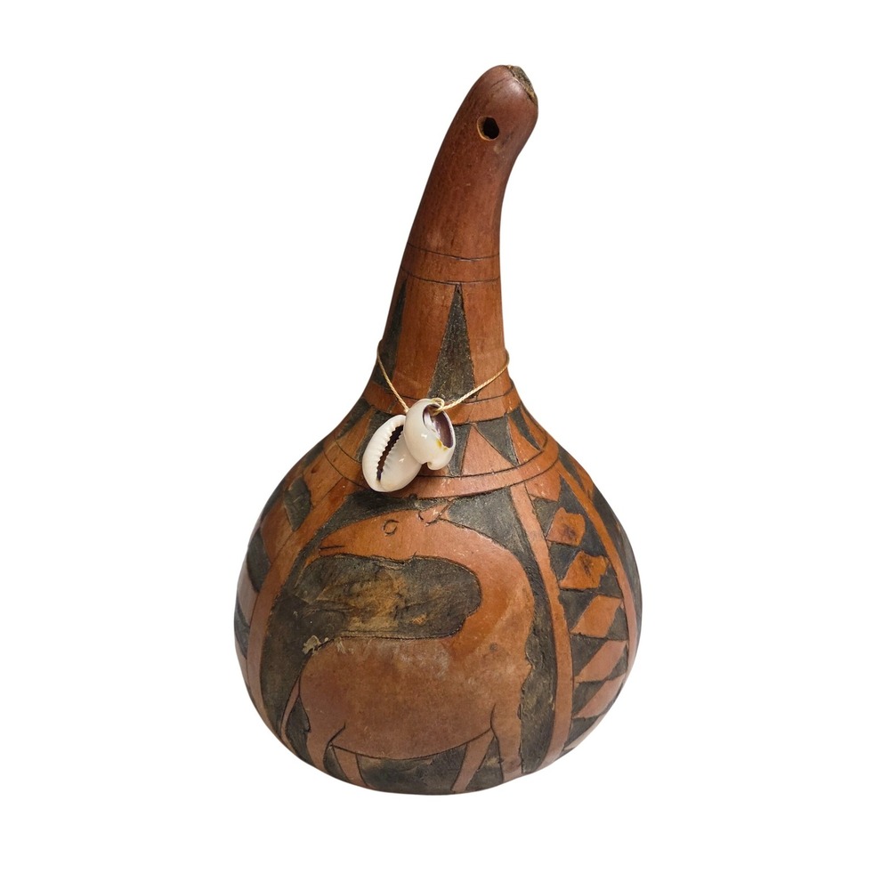 Unique Hand Carved Gourd Art Decorative Vessel African Tribal Animal Motif‎